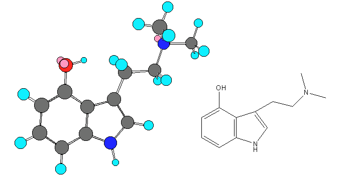 Psilocin structure in 3D and skeletal view